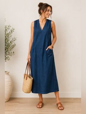 talbots denim maxi dress Talbots Long Denim Maxi Dress Modest Button Front Blue Short Sleeve Cotton 8